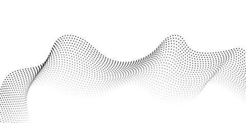 Futuristic wave of black smoothly moving dots on a white background. Flowing dot particles wave pattern halftone black gradient smooth curve shape isolated on transparent background. Vector in concept
