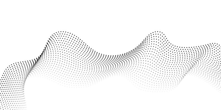Futuristic wave of black smoothly moving dots on a white background. Flowing dot particles wave pattern halftone black gradient smooth curve shape isolated on transparent background. Vector in concept