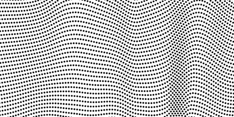 Wavy abstract halftone black dots isolated on a transparent background. Flowing particles dots, wave pattern curve halftone shape isolated on transparent background. Vector background concept.