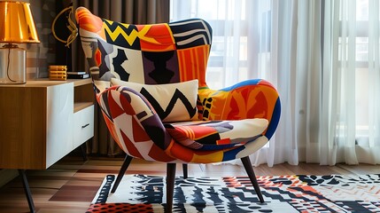 Modern accent chair with bold geometric patterns and vibrant colors in a trendy apartment 