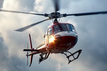 Red and White Helicopter Flying in the Sky.