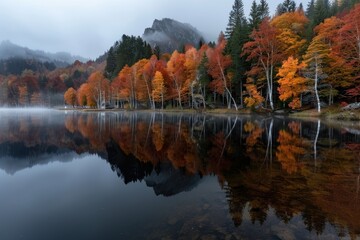 Obraz premium Vibrant autumn trees line a serene lake, their vivid colors mirrored perfectly in the still water, creating a picturesque and harmonious natural scene.