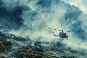 Helicopter Flying Through Mountain Fog.