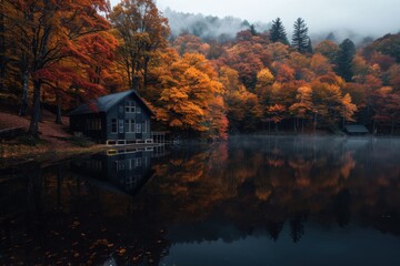Fototapeta premium A peaceful lakeside cabin surrounded by vibrant autumn trees reflecting in the calm waters, creating a serene and tranquil setting abundant with natural beauty and harmony.