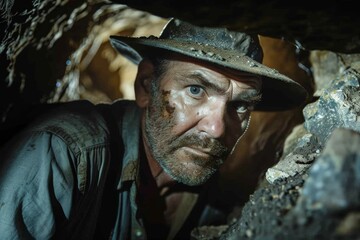 Man in a Hat Looking Out of a Tunnel.