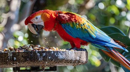 A colorful parrot enjoying a mix of seeds and nuts from a decorative feeder