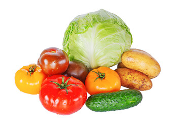 Cabbage, cucumber, colorful tomatoes and potatoes isolated. Vegetables, healthy food. Harvesting