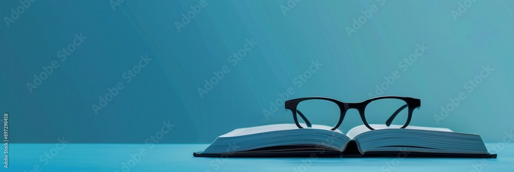 Poster A minimalist image of an open book with eyeglasses resting on the pages against a blue background. Generative AI