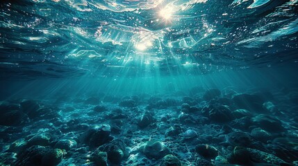 Sunlit underwater scene with rays illuminating ocean bed