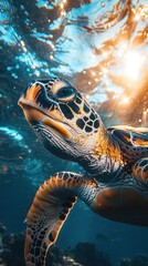 Fototapeta premium Sea turtle gracefully glides through ocean at sunrise.