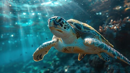 Obraz premium Solitary sea turtle gliding gracefully in sunlight