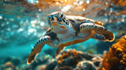 Obraz premium Beautiful sea turtle swimming in the ocean waterscape.