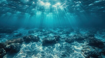 Fototapeta premium Ocean floor with rays of sunlight illuminating corals
