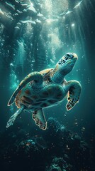 Fototapeta premium Majestic sea turtle gliding under the ocean surface
