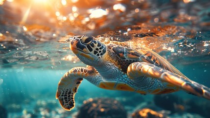 Fototapeta premium Sea turtle swimming near the ocean surface at sunset time