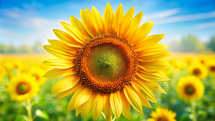 A bright summer day in a sunflower field with a clear blue sky and vibrant yellow blossoms