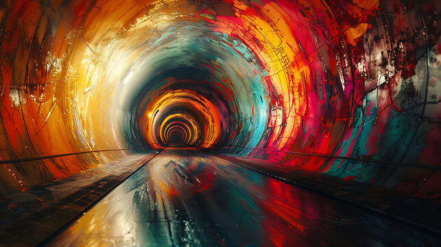 An abstract, artistic tunnel with bold brushstrokes, vibrant colors, and a sense of chaotic creativity.