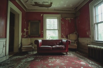 Fototapeta premium A cozy living room with a red couch and two windows, perfect for a home decoration or interior design concept