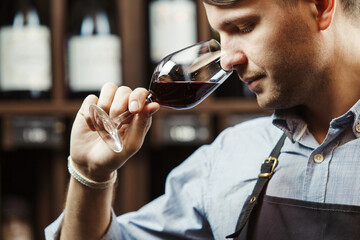 Bokal of red wine on background, male sommelier appreciating drink