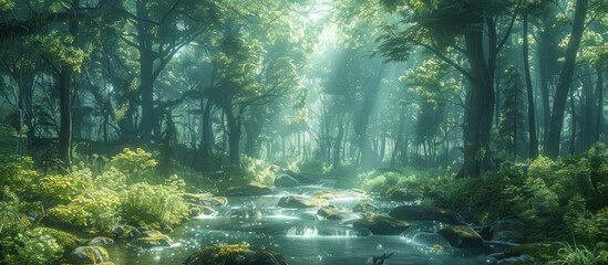 Obraz premium Sunbeams Through a Misty Forest