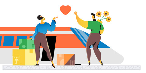 Man with flowers meeting woman on a train station