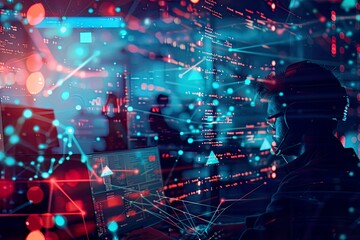 Hacker working on computer with colorful lights and code.