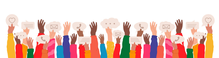 Diverse hands holding speech bubbles of online communication, networking, social media, web community. Digital communication concept