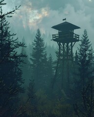 Old fire lookout tower in a dense forest, with wildfire smoke and hazy light.