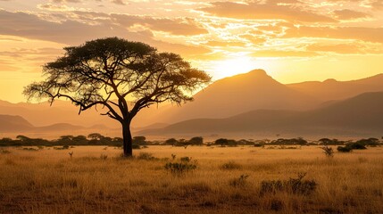 Fototapeta premium Silhouette of a tree in the African savanna at sunset.