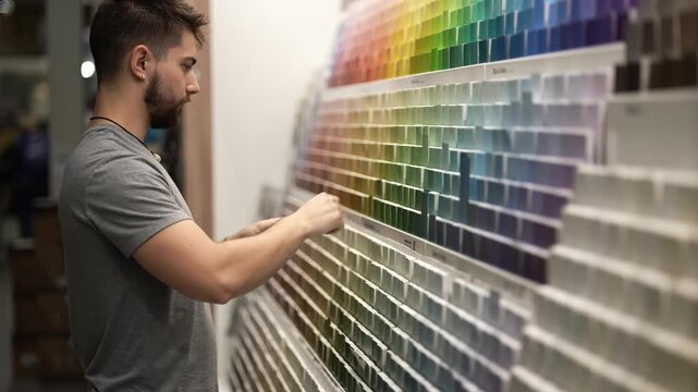 Man looking at paint chips or swatches in a hardware store. Concept of home remodeling shopping experience.