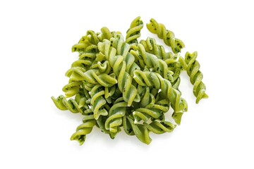 A messy arrangement of green pasta shapes on a white background, perfect for food or kitchen-themed illustrations