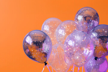 bunch of transparent glittery balloons floating on a pastel orange background, with purple and black colors creating a dreamlike atmosphere, autumn halloween party decorations with copy space