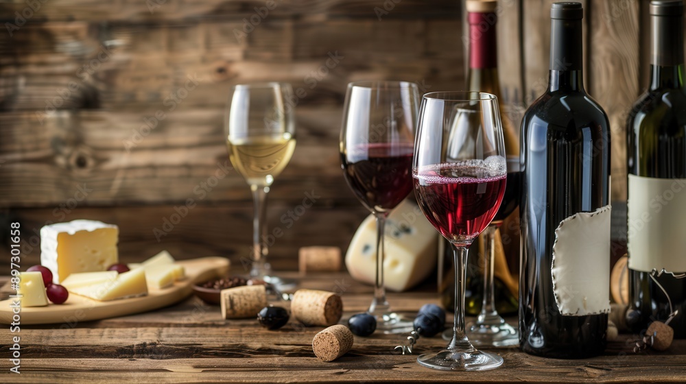 Poster a rustic wooden table with a selection of cheeses, wine bottles, and glasses of red and white wine. 