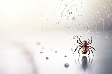 Spider weaving its web, white background with copy space
