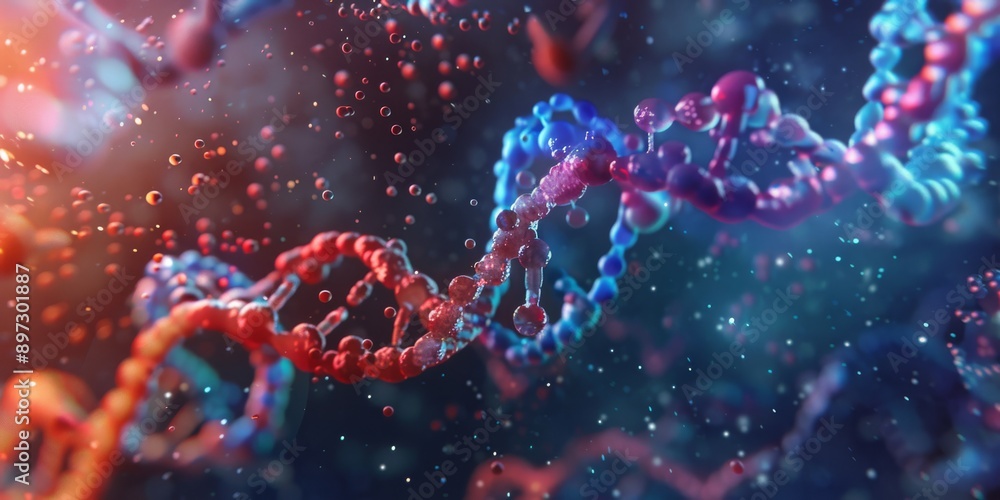 Poster dynamic 3d rendering of dna strands in a vibrant, abstract style, representing genetic research and 