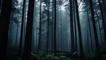 Obraz premium Enigmatic Mist: A hauntingly beautiful forest shrouded in dense fog, where towering trees create an ethereal and mysterious atmosphere.