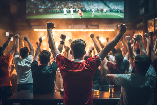 Back view of group of soccer fans watching game on a pub