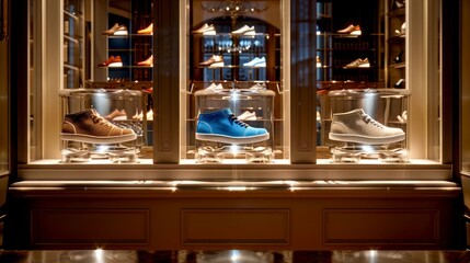 Elegant shoe display in a high-end store. Fashionable footwear showcased in a glass cabinet. Luxurious sneakers highlighted with bright lights. Modern and stylish design for shoe lovers. AI