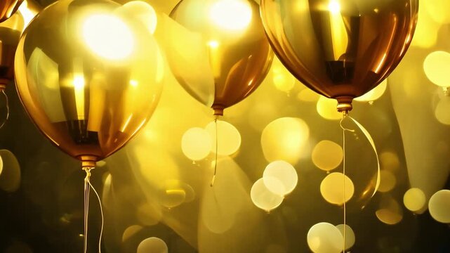 Golden balloons floating in the air with beautiful golden bokeh scene, celebration and congratulations concept.