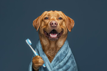 Labrador Retriever in a blue towel with a toothbrush. Concept of healthy teeth.
