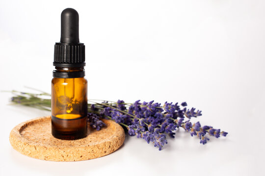 Fresh levander and flowers bottle of essential on the white background. Hair treatment concept. Close up.Copy space