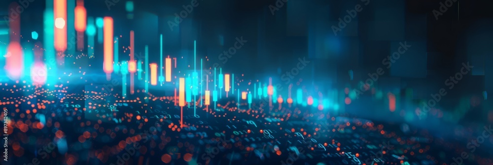 Poster abstract glowing financial charts and graphs in a dark digital background, representing data analysi