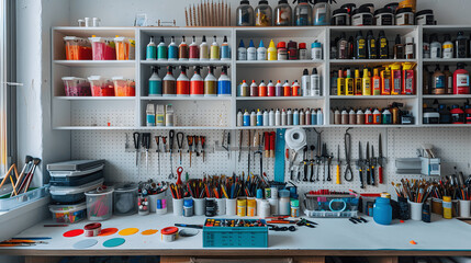 Harmoniously arranged craft room with labeled bins and tools
