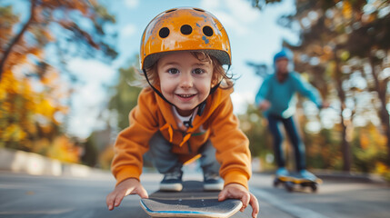 happy boy in orange helmet riding skateboard on road with father in park