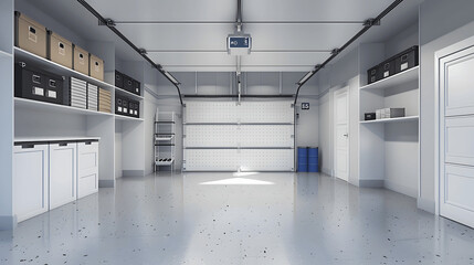 Immaculately neat garage with arranged shelves and labeled storage boxes