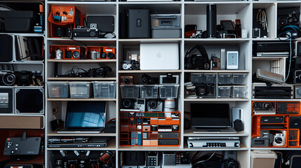 Obraz premium Immaculately neat storage shelf with stacked laptops and labeled bins