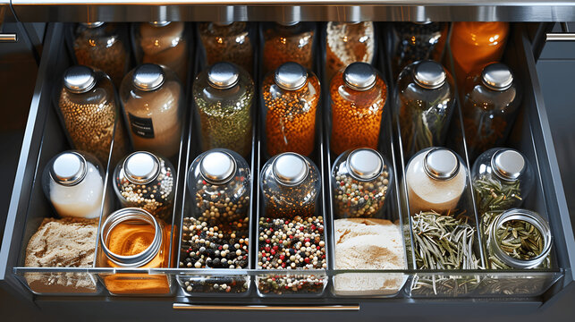 Immaculately neat spice drawer with alphabetically arranged jars and uniform containers