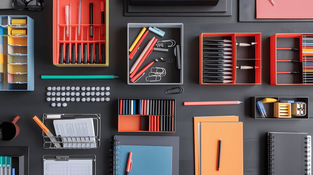 Neat workspace with organized office supplies and labeled trays