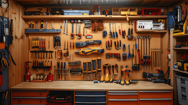 Immaculately neat tool shed with color-coordinated handles and labeled drawers