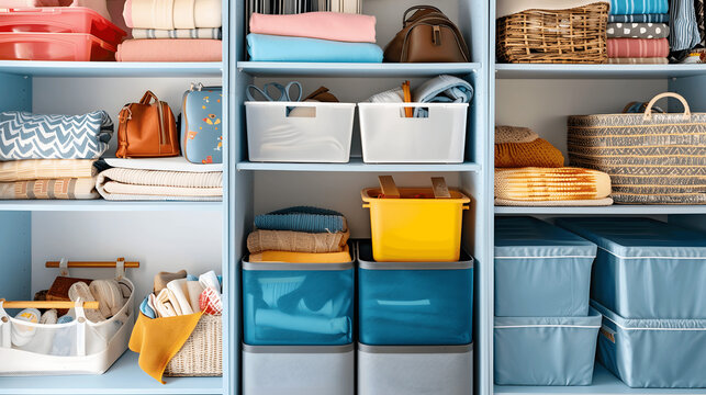 Home storage closet with labeled boxes and color-coordinated bins